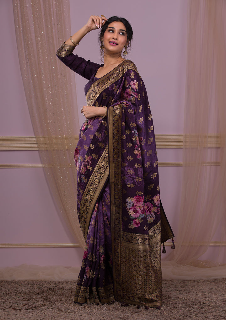 Wine Swarovski Banarasi Silk Saree