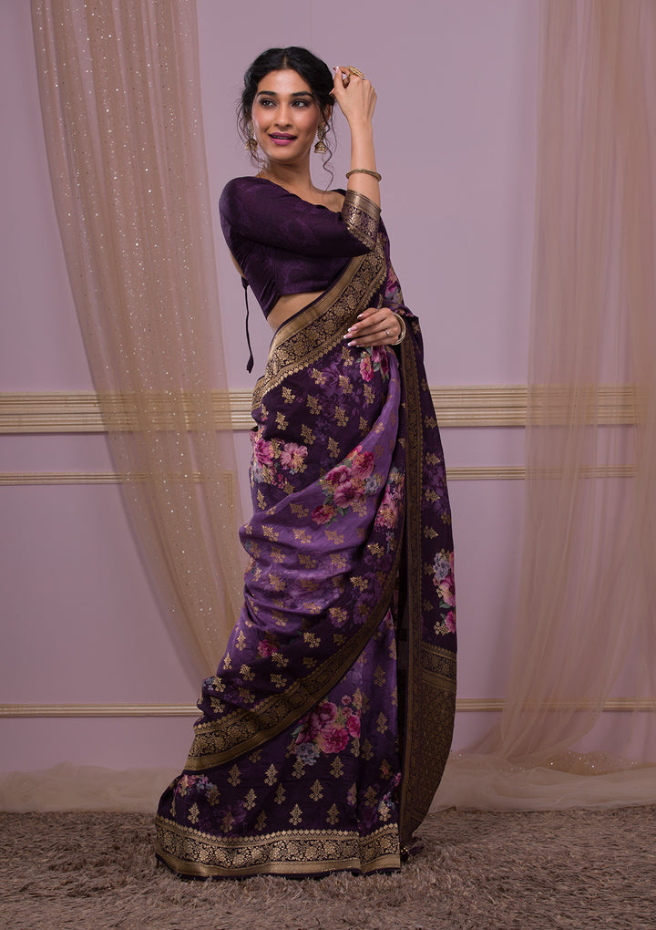 Wine Swarovski Banarasi Silk Saree