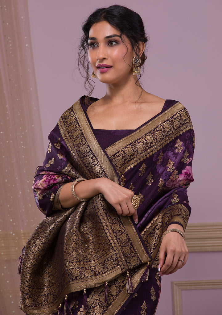 Wine Swarovski Banarasi Silk Saree