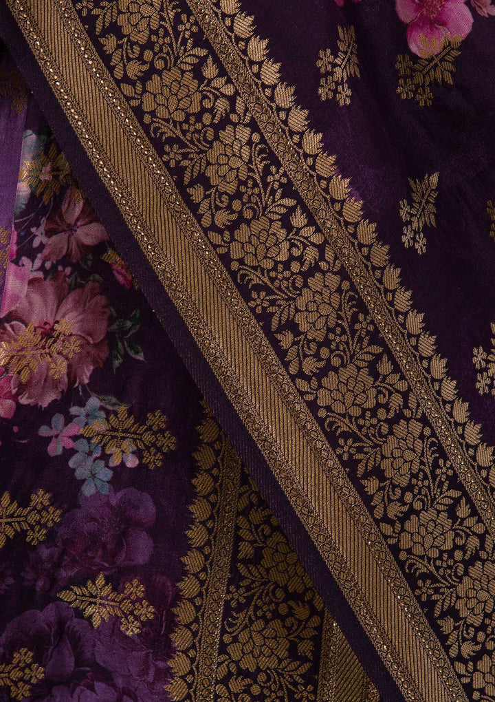 Wine Swarovski Banarasi Silk Saree