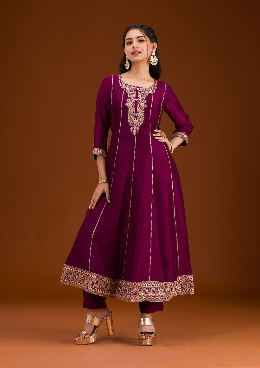 Wine Threadwork Raw Silk Readymade Salwar Suit