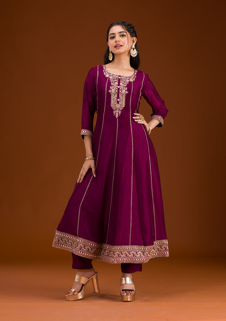 Wine Threadwork Raw Silk Readymade Salwar Suit