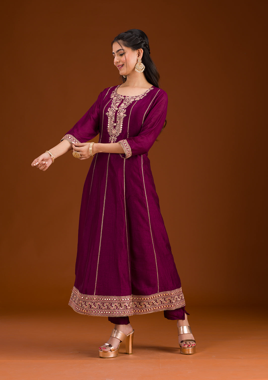 Wine Threadwork Raw Silk Readymade Salwar Suit
