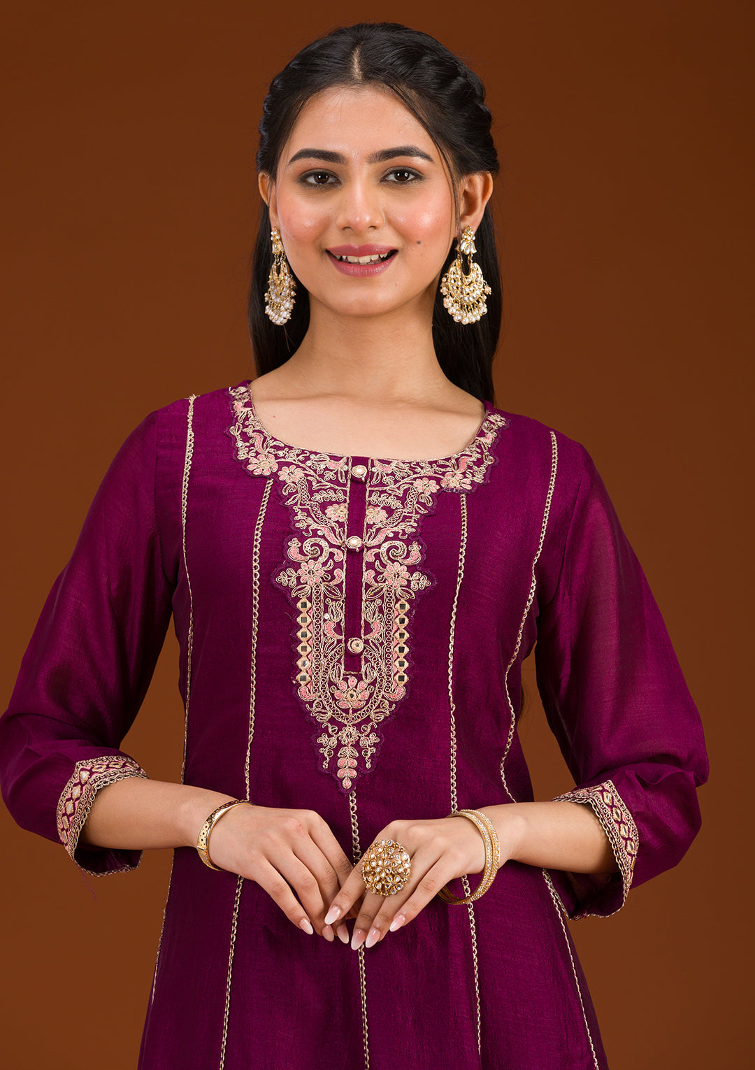 Wine Threadwork Raw Silk Readymade Salwar Suit