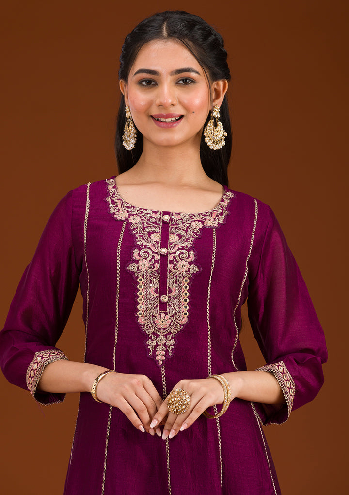 Wine Threadwork Raw Silk Readymade Salwar Suit