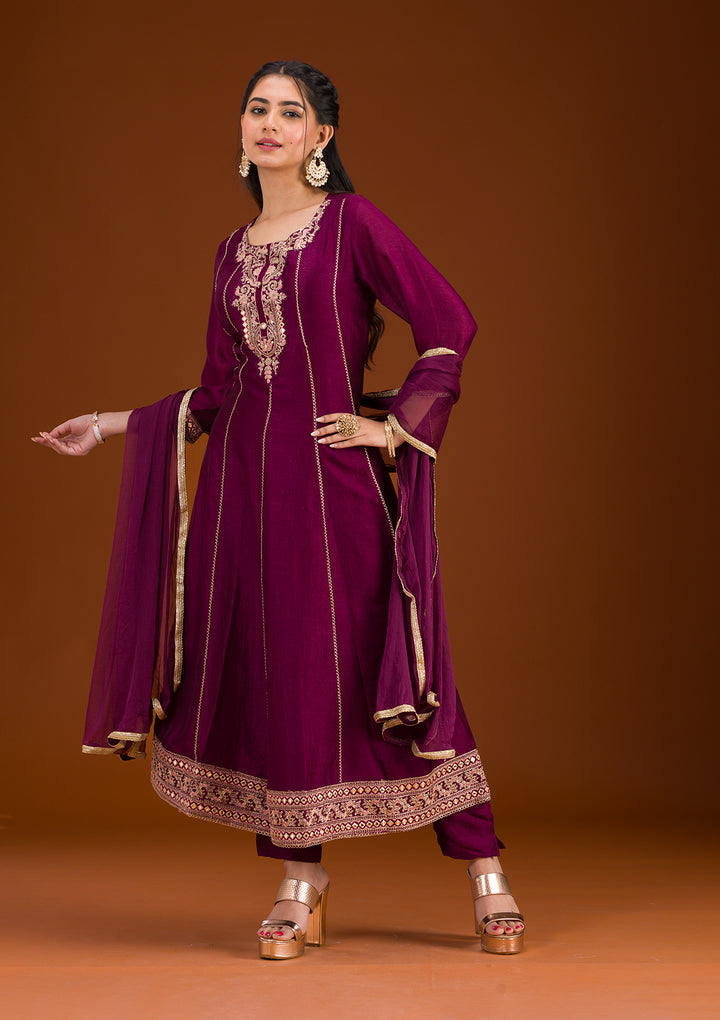 Wine Threadwork Raw Silk Readymade Salwar Suit
