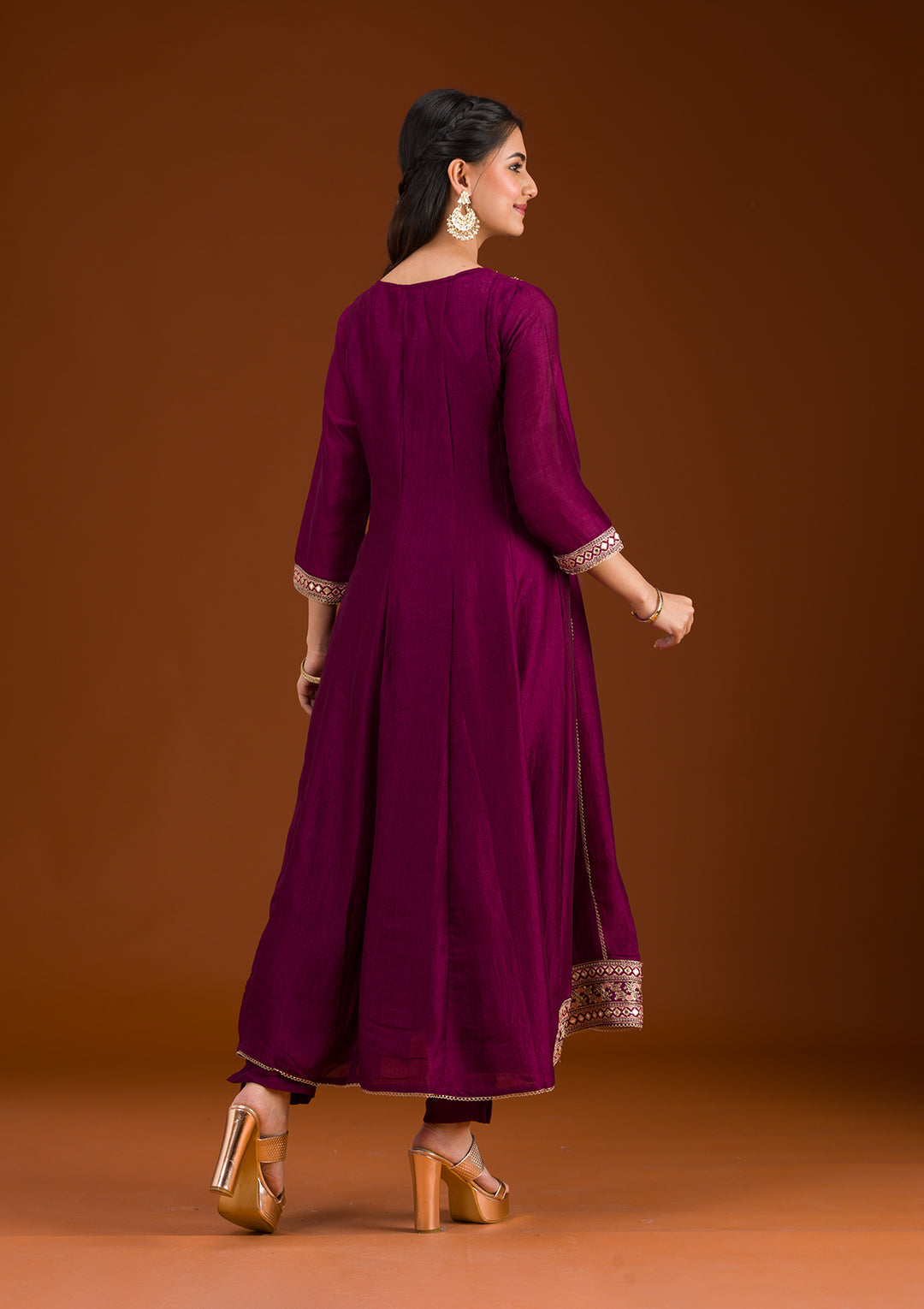 Wine Threadwork Raw Silk Readymade Salwar Suit