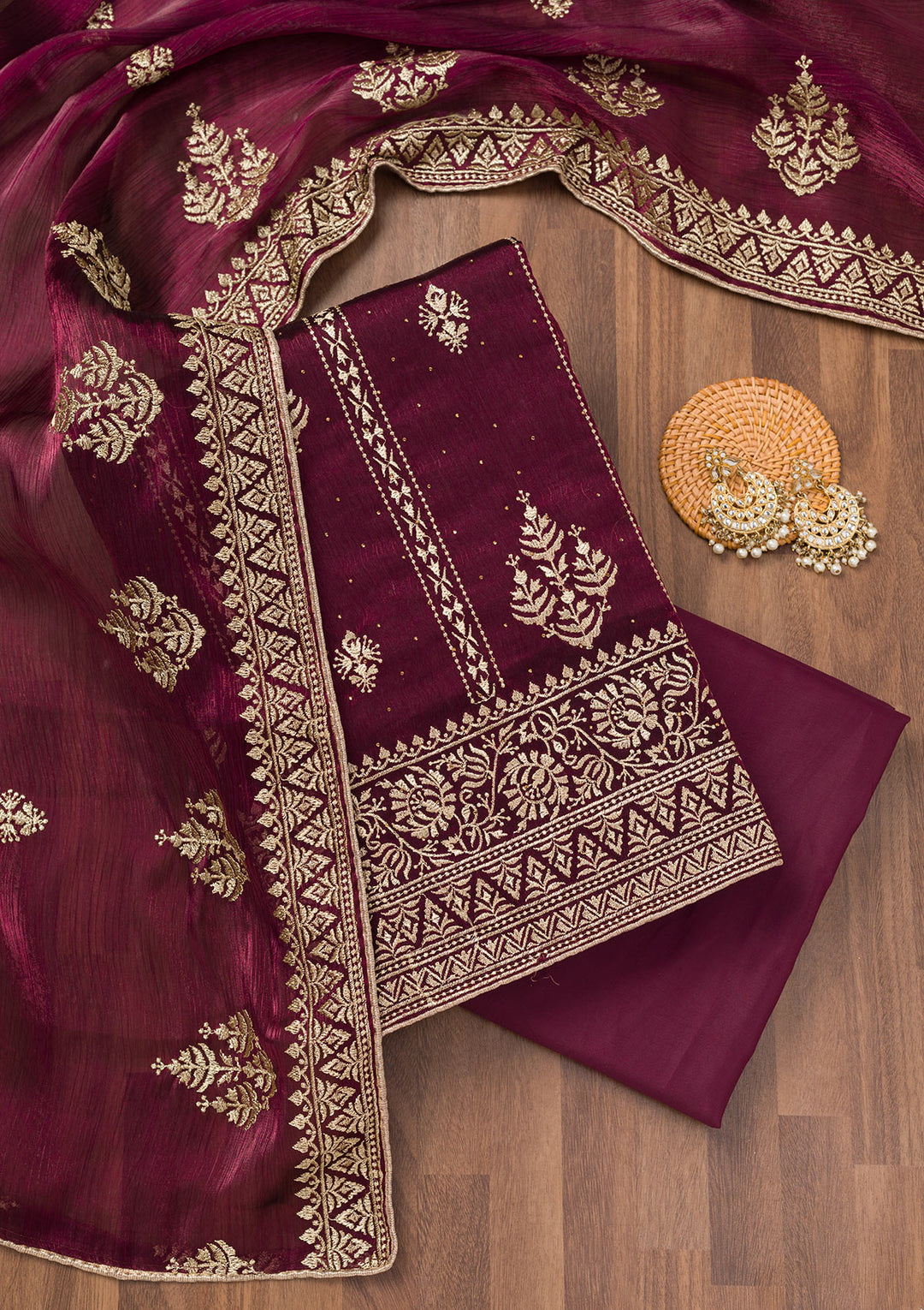 Wine Zariwork Semi Crepe Unstitched Salwar Suit