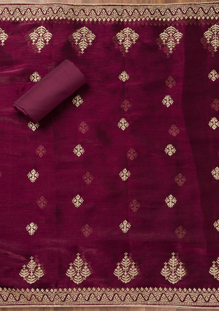 Wine Zariwork Semi Crepe Unstitched Salwar Suit