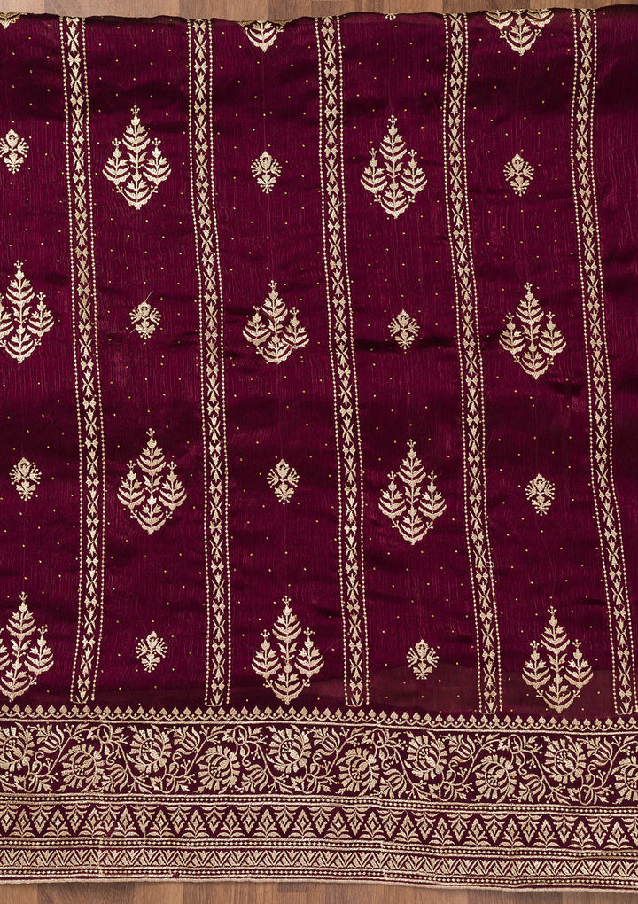 Wine Zariwork Semi Crepe Unstitched Salwar Suit