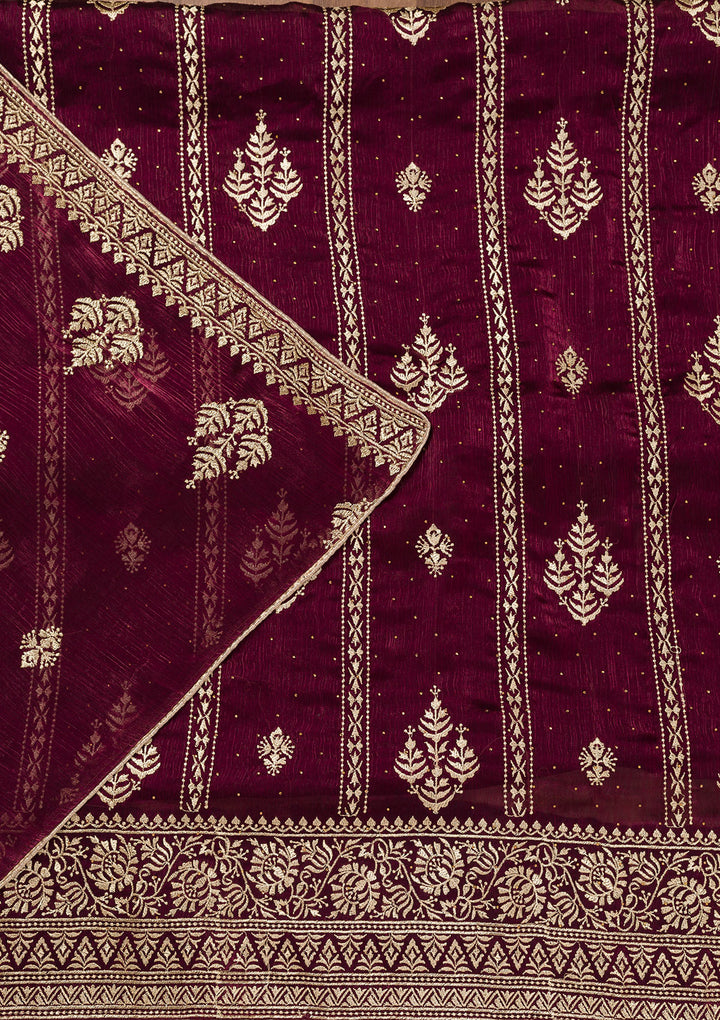 Wine Zariwork Semi Crepe Unstitched Salwar Suit