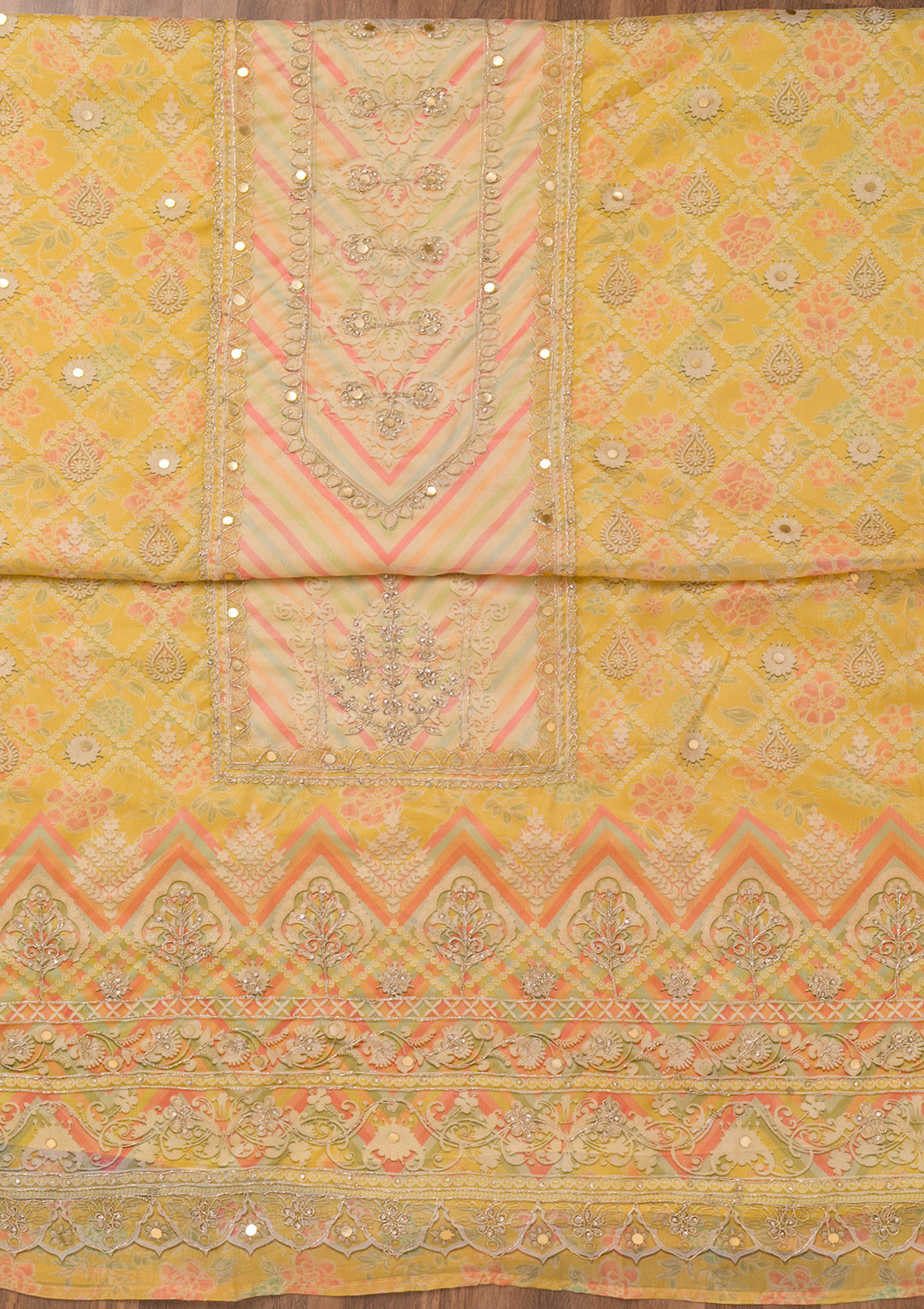 Yellow Printed Chanderi Unstitched Salwar Suit