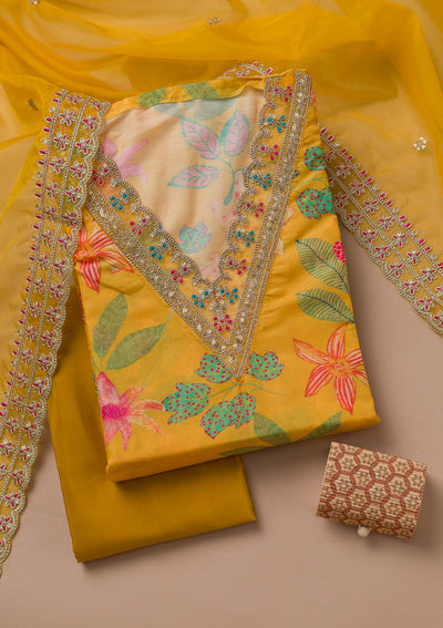 Yellow Printed Cotton Blend Unstitched Salwar Suit