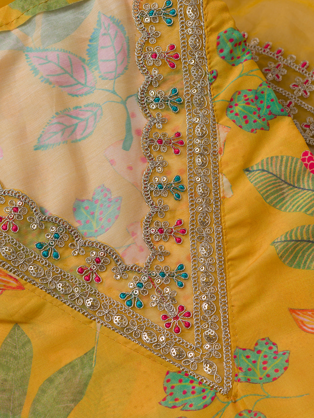 Yellow Printed Semi Crepe Unstitched Salwar Suit