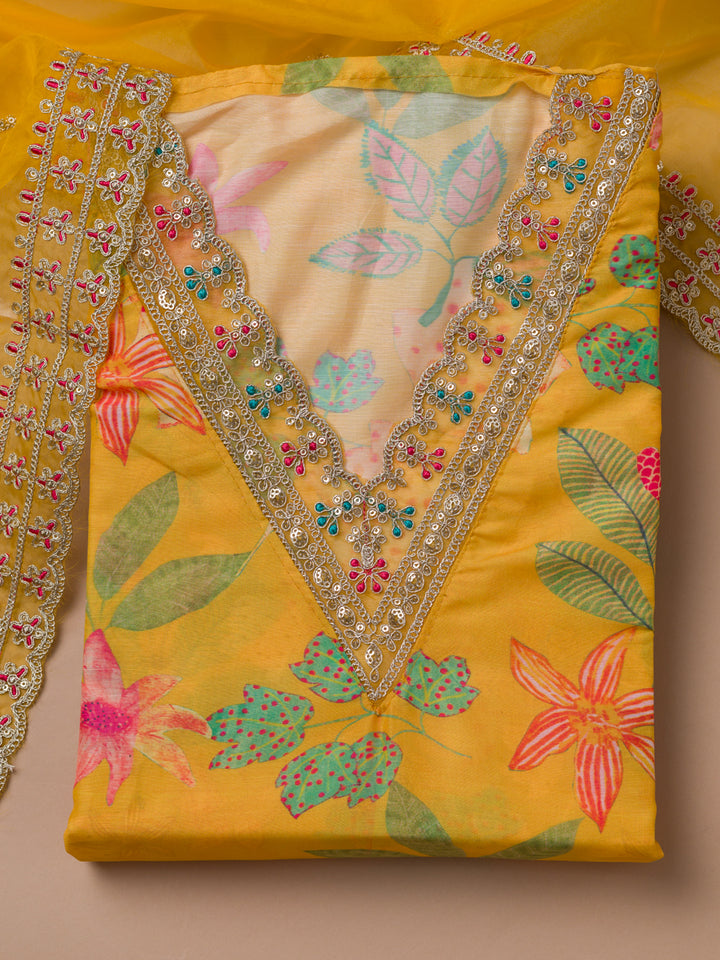 Yellow Printed Semi Crepe Unstitched Salwar Suit
