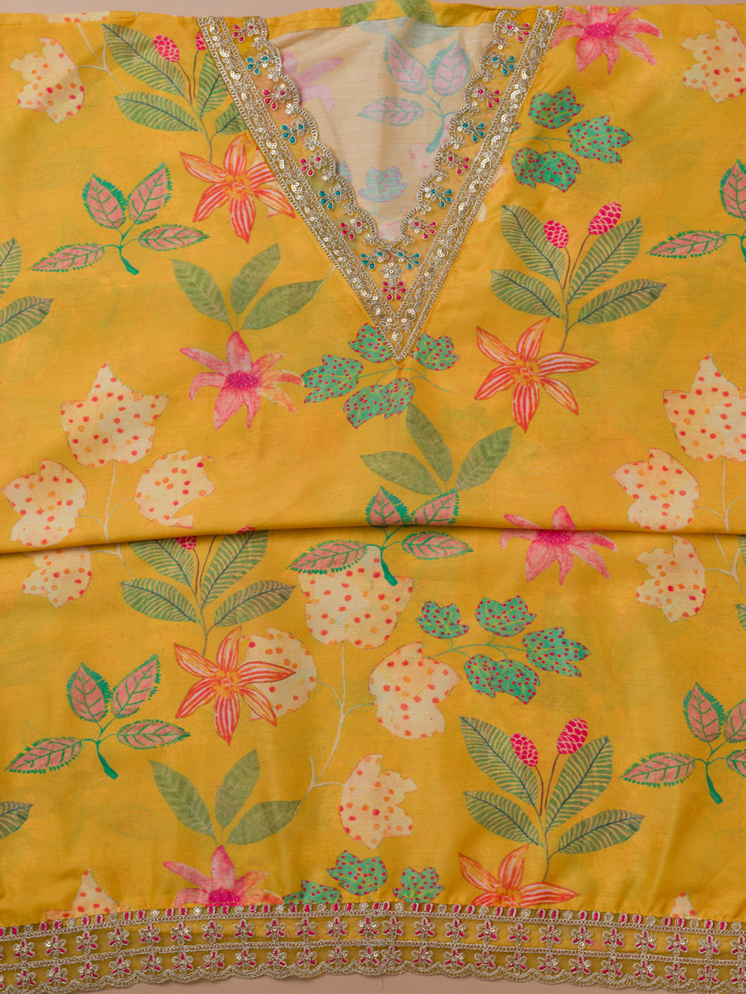 Yellow Printed Semi Crepe Unstitched Salwar Suit