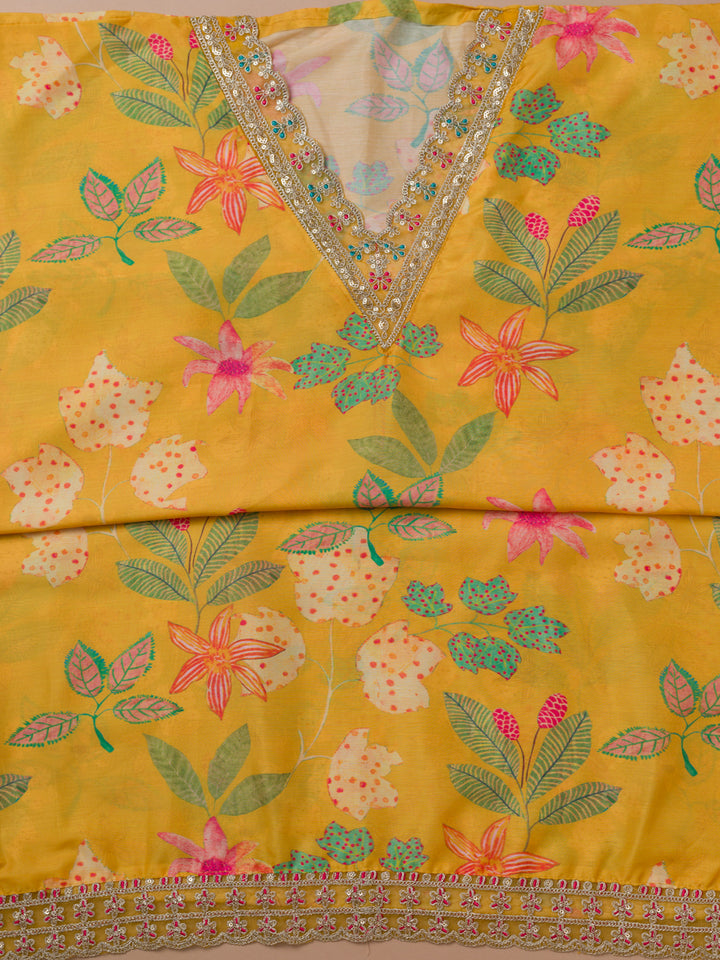 Yellow Printed Semi Crepe Unstitched Salwar Suit