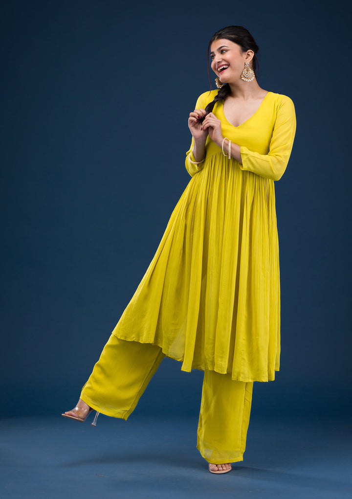 Yellow Printed Georgette Readymade Anarkali Suit