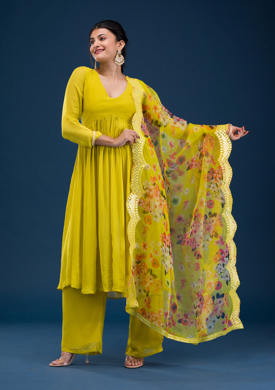 Yellow Printed Georgette Readymade Anarkali Suit