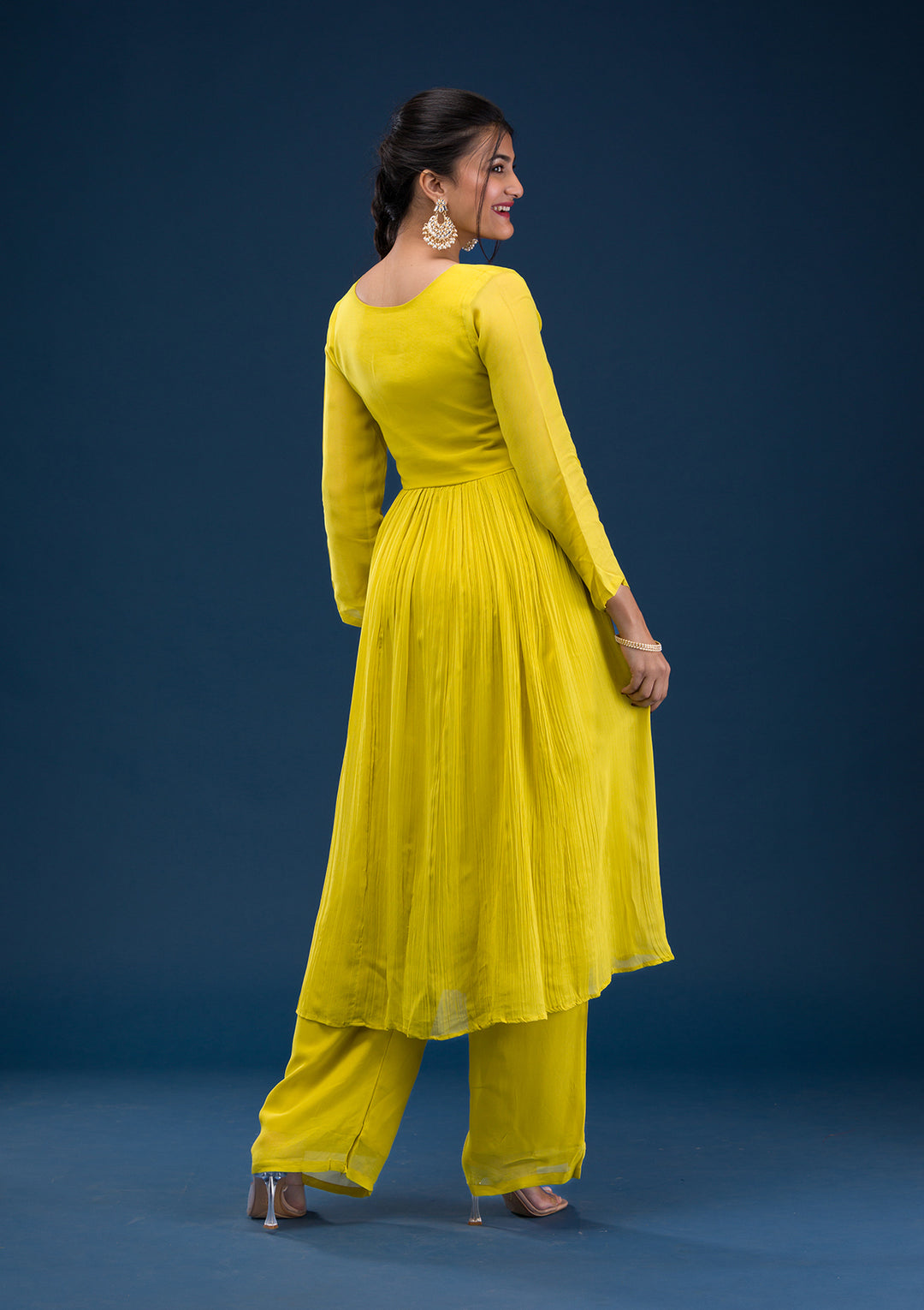 Yellow Printed Georgette Readymade Anarkali Suit