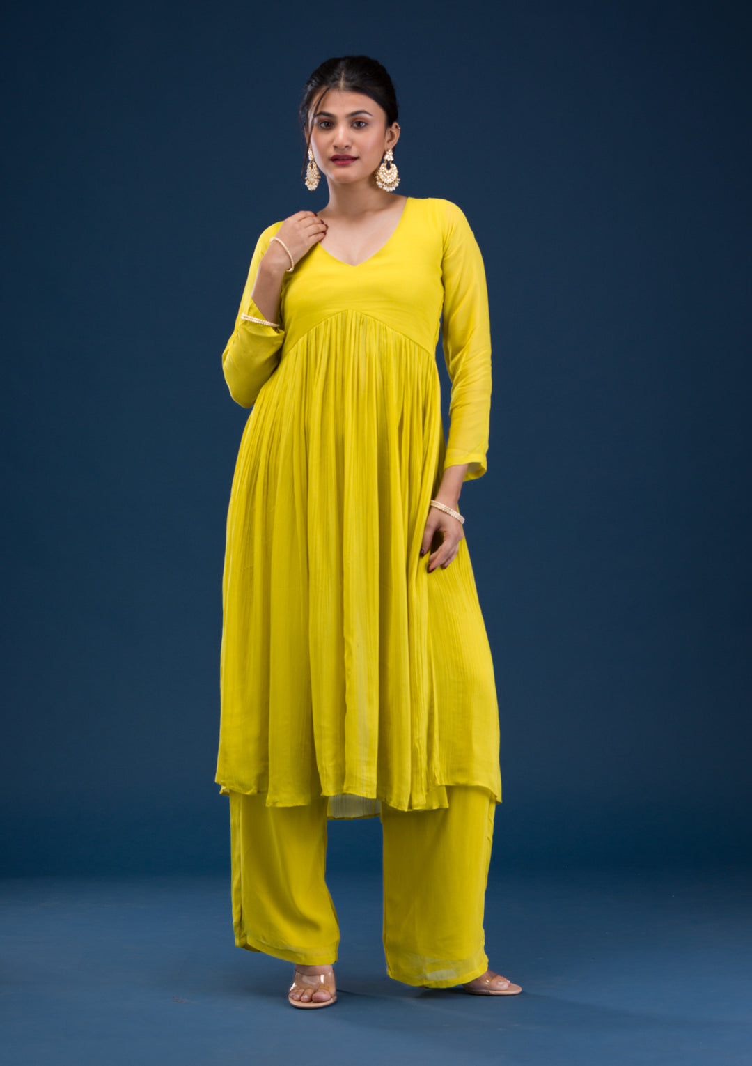 Yellow Printed Georgette Readymade Anarkali Suit