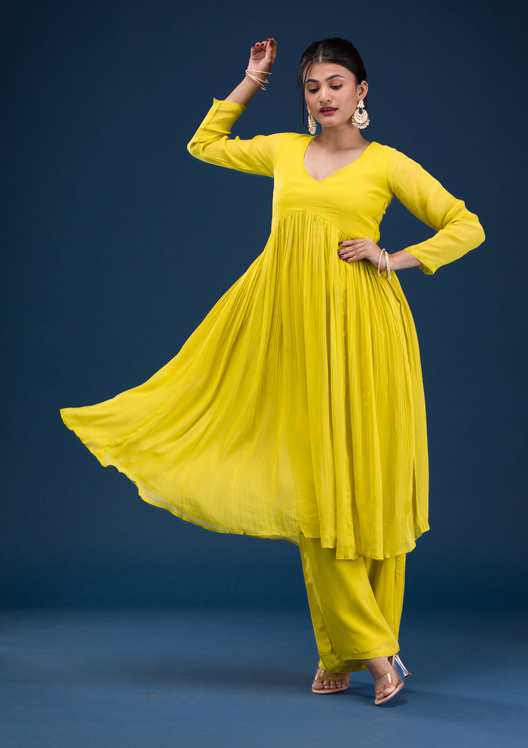 Yellow Printed Georgette Readymade Anarkali Suit