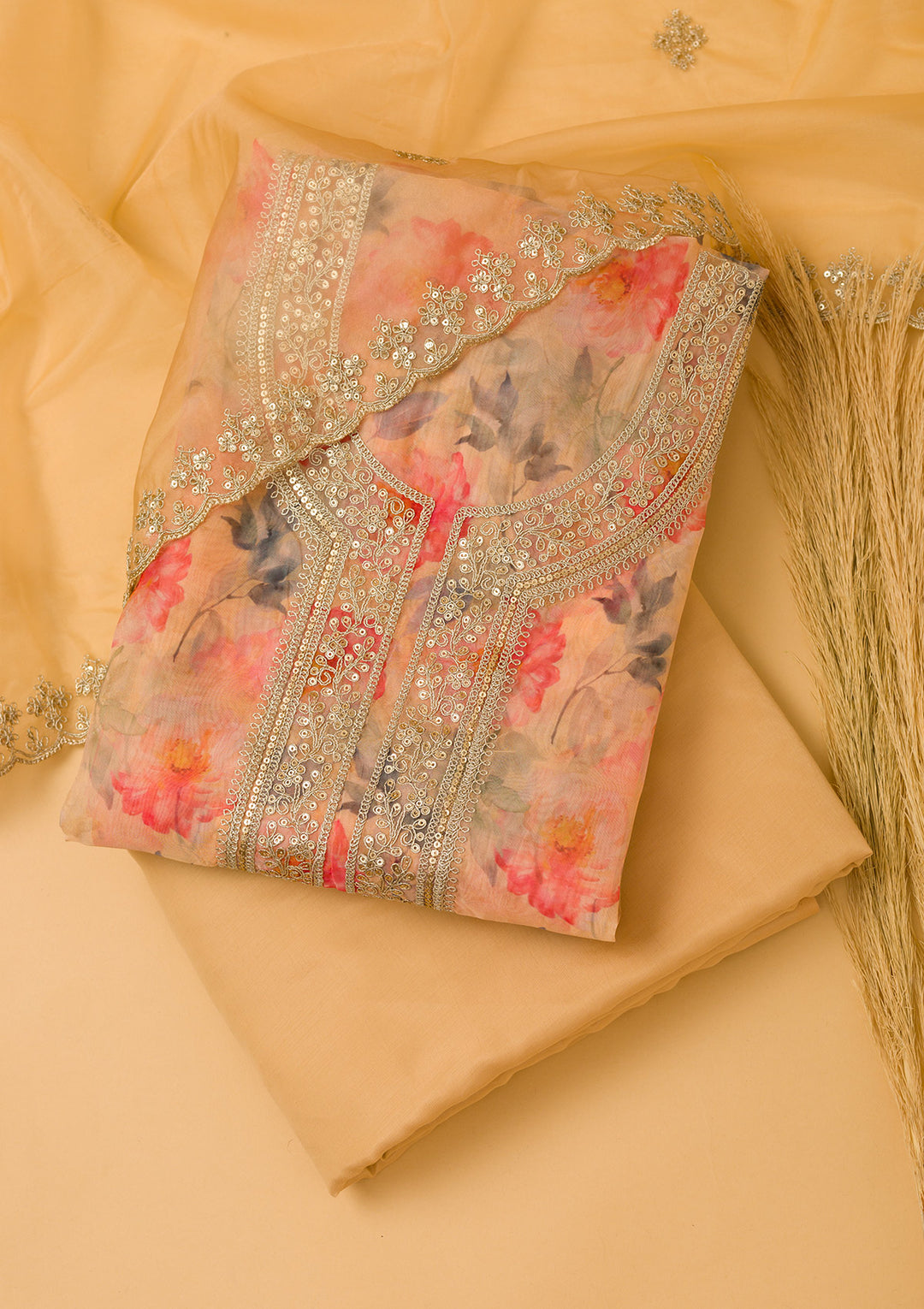 Yellow Printed Organza Unstitched Salwar Suit