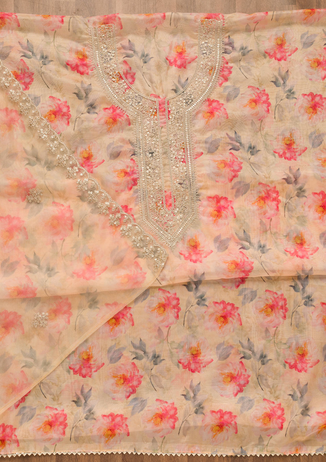 Yellow Printed Organza Unstitched Salwar Suit