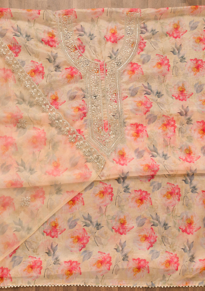 Yellow Printed Organza Unstitched Salwar Suit