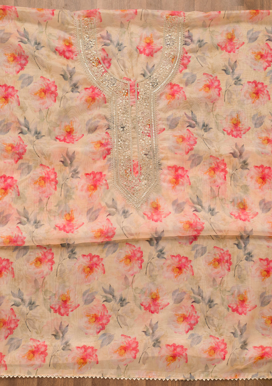 Yellow Printed Organza Unstitched Salwar Suit