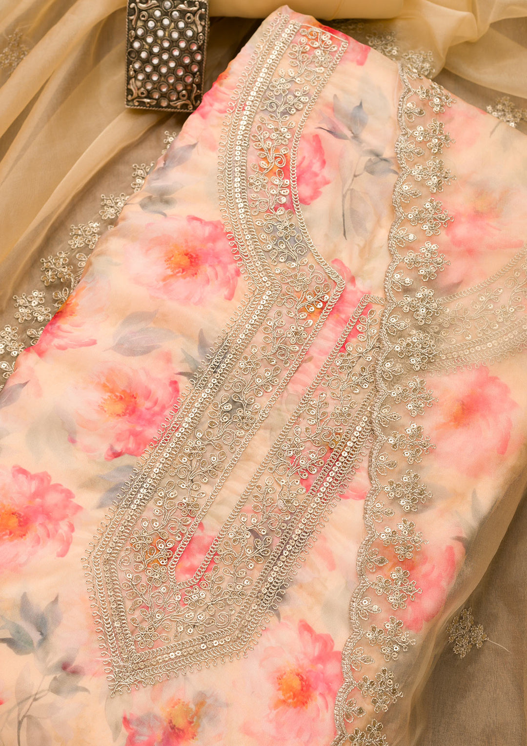 Yellow Printed Organza Unstitched Salwar Suit
