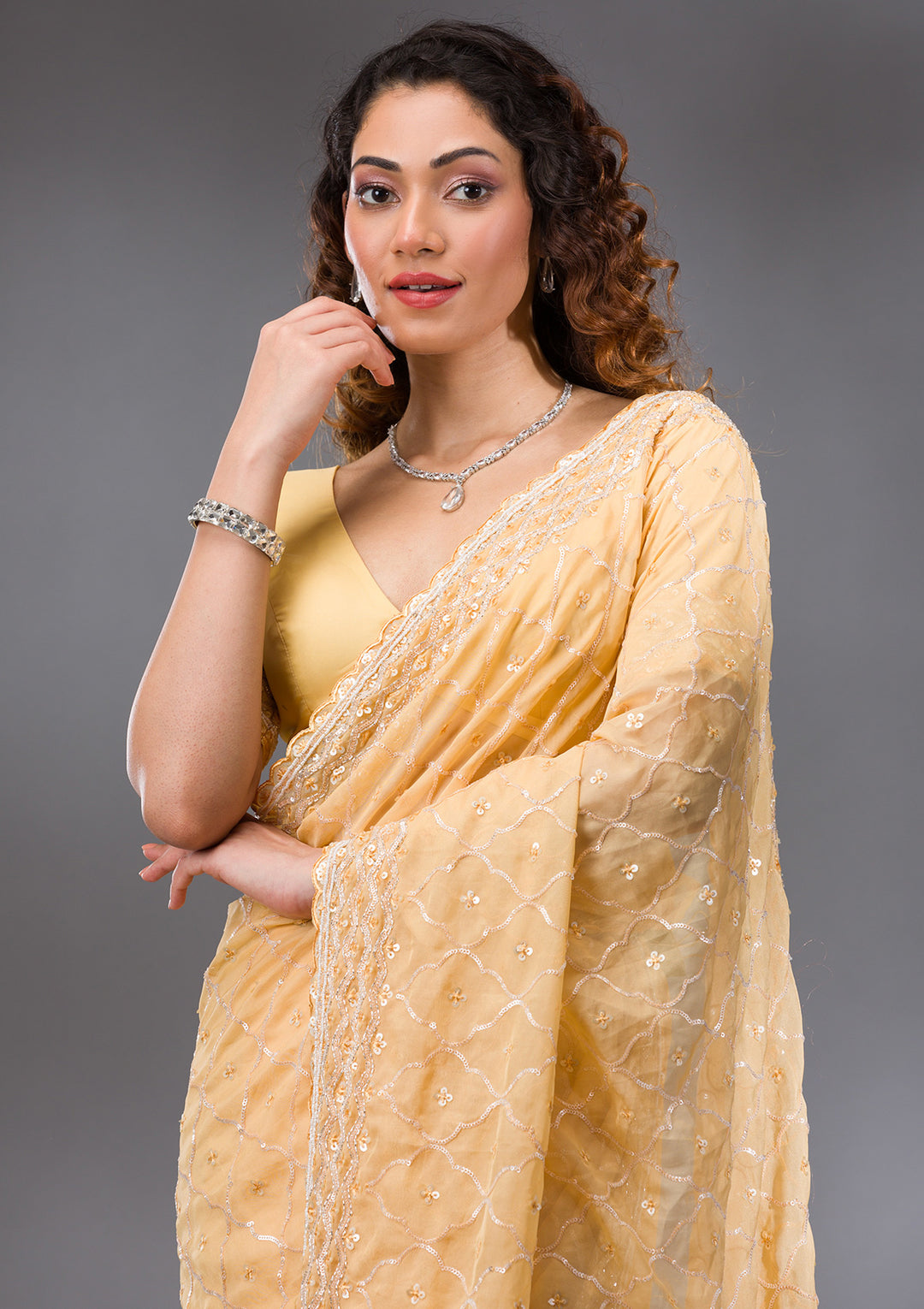 Yellow Sequins Tissue Saree