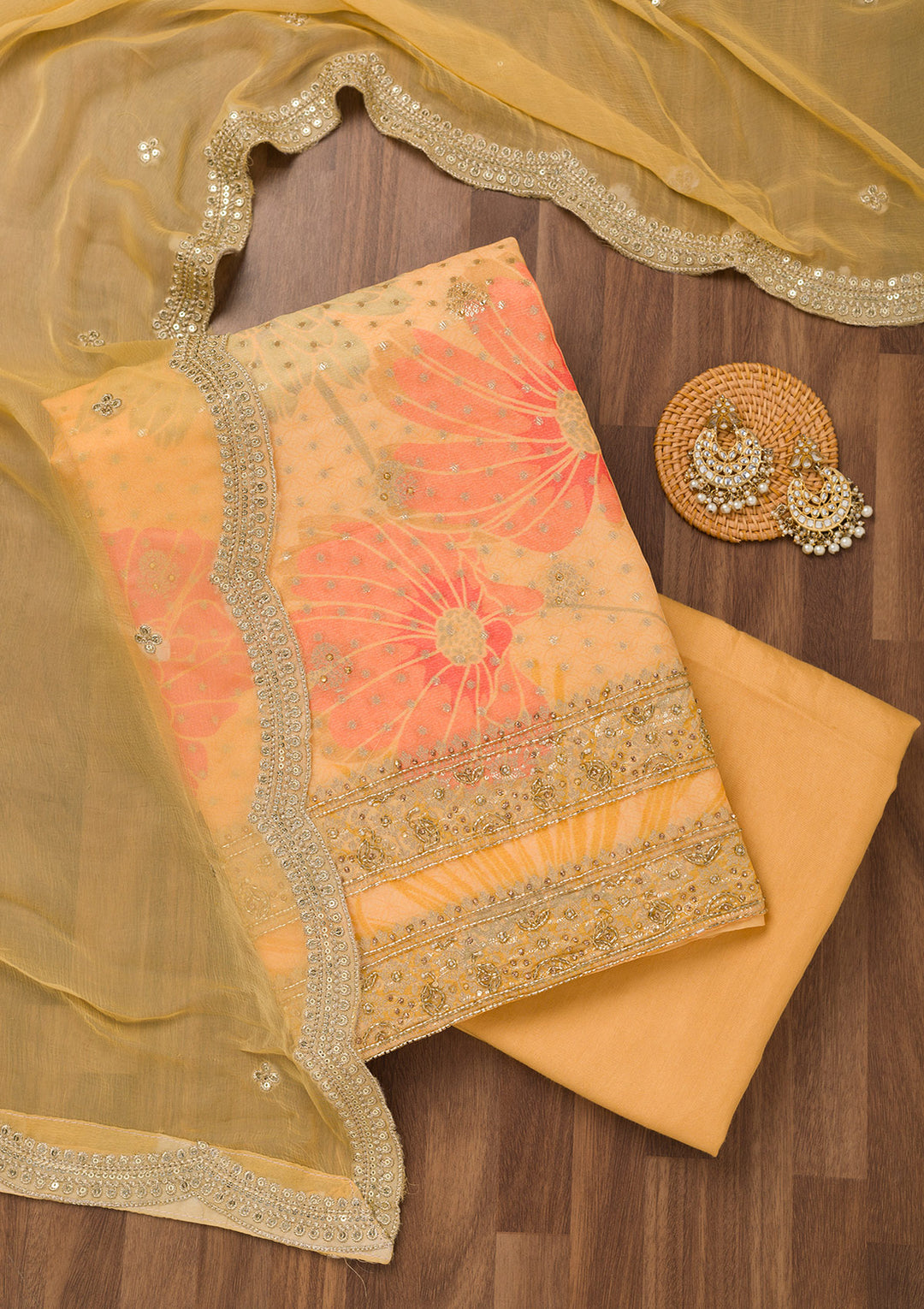 Yellow Stonework Semi Crepe Unstitched Salwar Suit