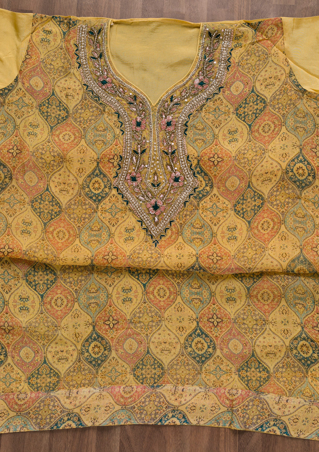 Yellow Stonework Tissue Unstitched Salwar Suit