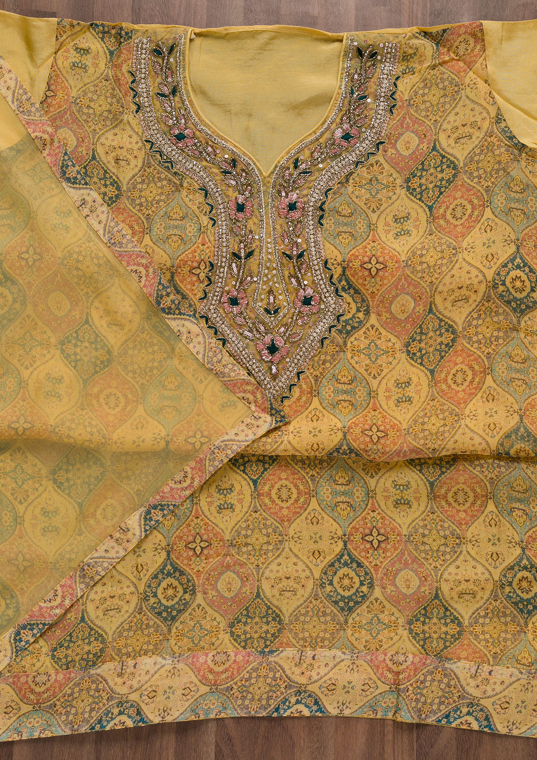 Yellow Stonework Tissue Unstitched Salwar Suit