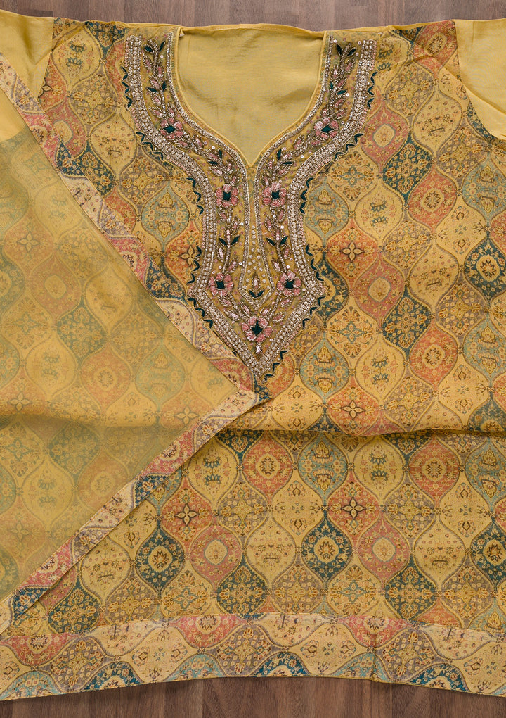 Yellow Stonework Tissue Unstitched Salwar Suit