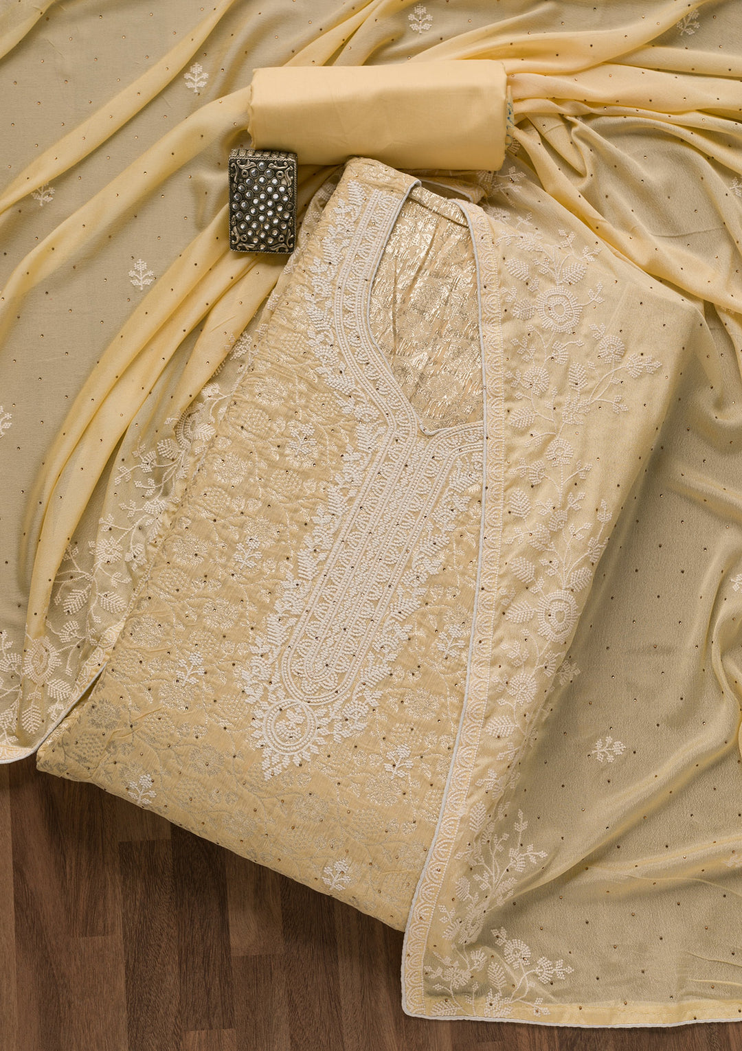 Yellow Threadwork Banarasi Unstitched Salwar Suit