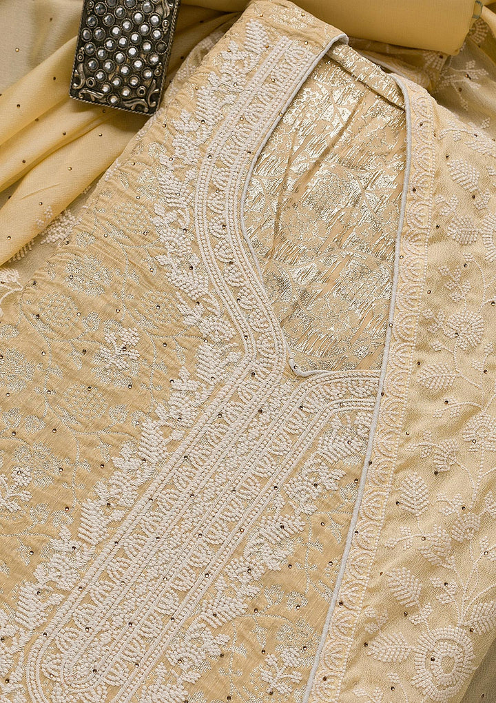 Yellow Threadwork Banarasi Unstitched Salwar Suit