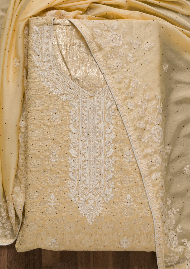 Yellow Threadwork Banarasi Unstitched Salwar Suit