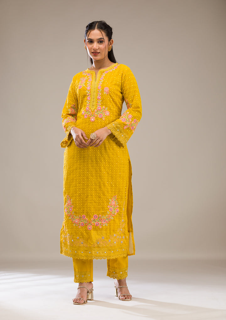 Yellow Threadwork Georgette Readymade Salwar Suit