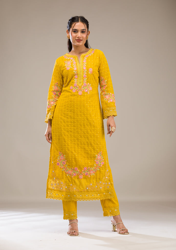 Yellow Threadwork Georgette Readymade Salwar Suit
