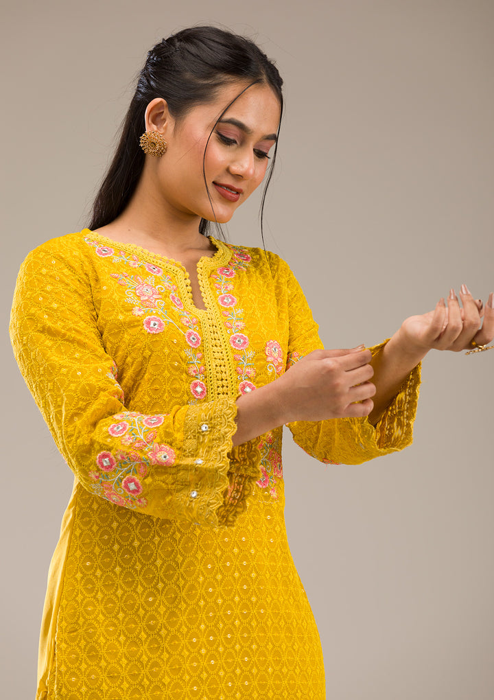 Yellow Threadwork Georgette Readymade Salwar Suit