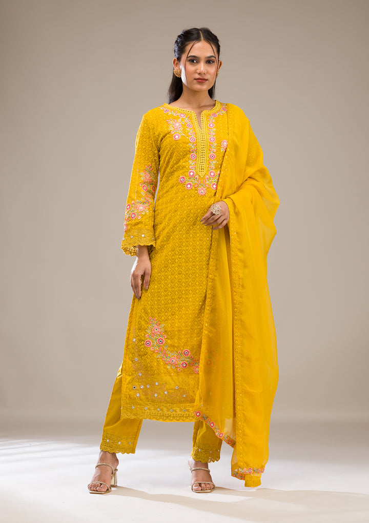 Yellow Threadwork Georgette Readymade Salwar Suit