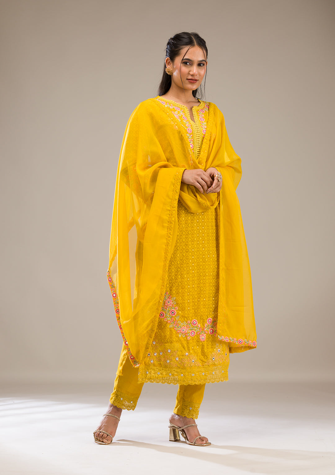 Yellow Threadwork Georgette Readymade Salwar Suit