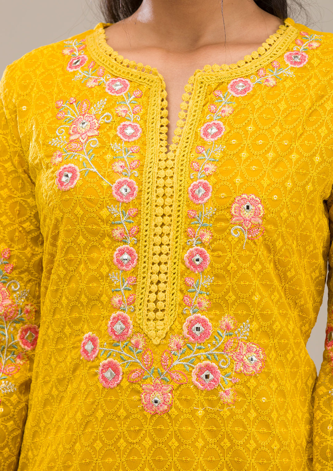 Yellow Threadwork Georgette Readymade Salwar Suit