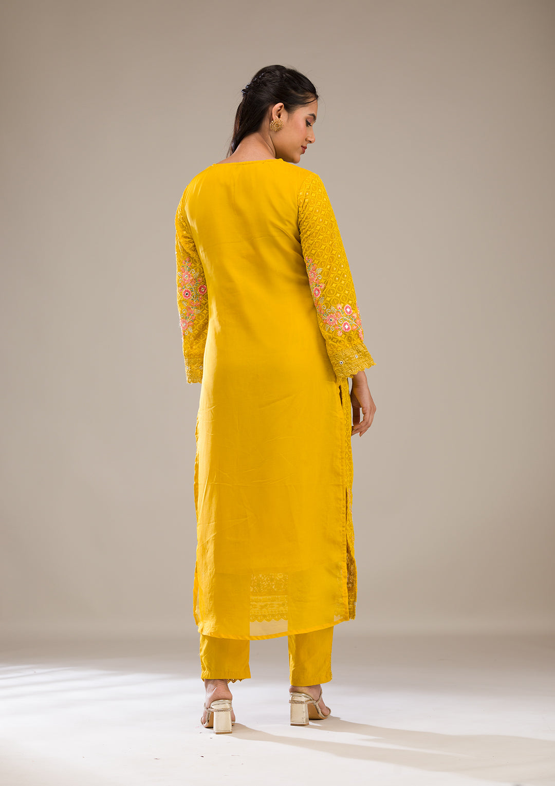 Yellow Threadwork Georgette Readymade Salwar Suit