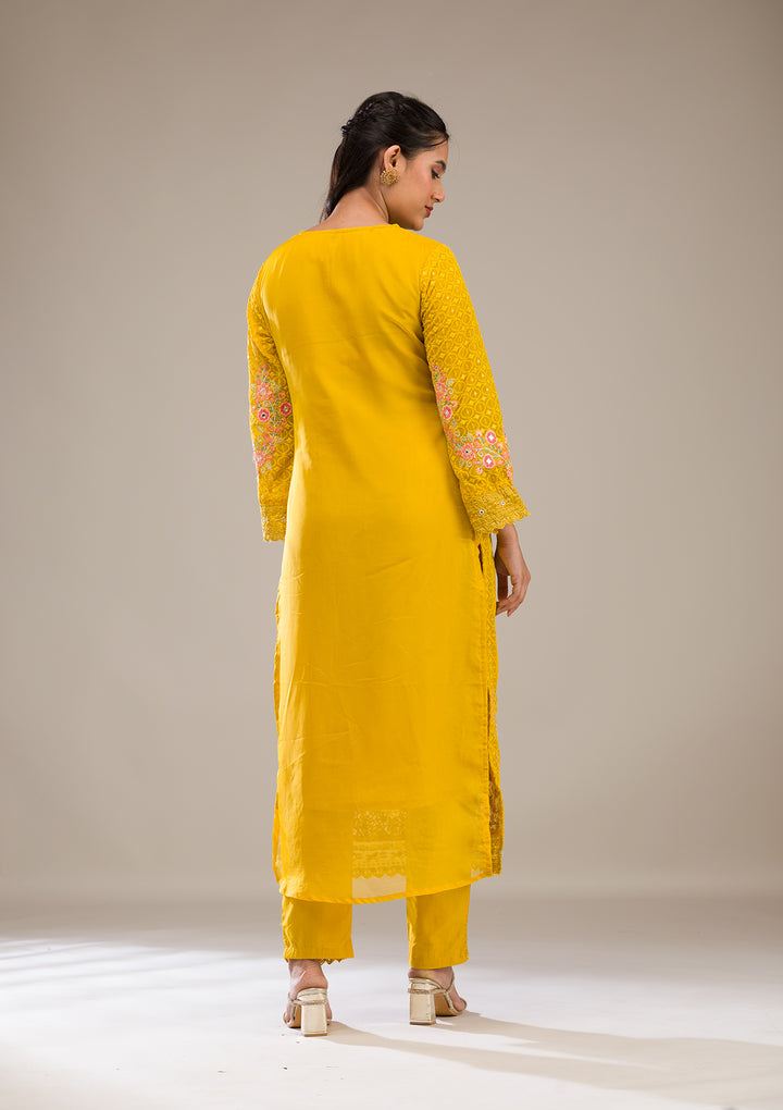 Yellow Threadwork Georgette Readymade Salwar Suit