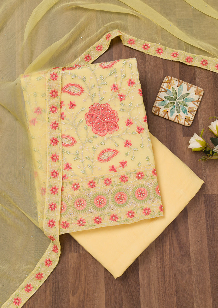 Yellow Threadwork Georgette Unstitched Salwar Suit