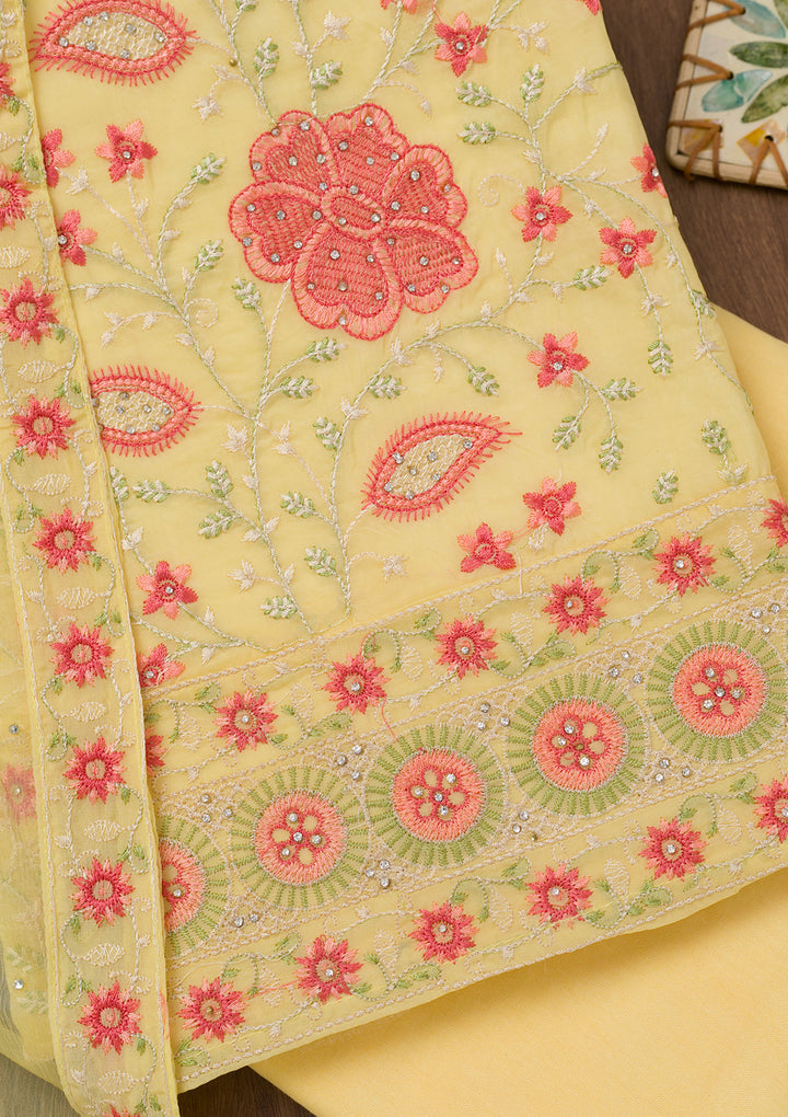 Yellow Threadwork Georgette Unstitched Salwar Suit