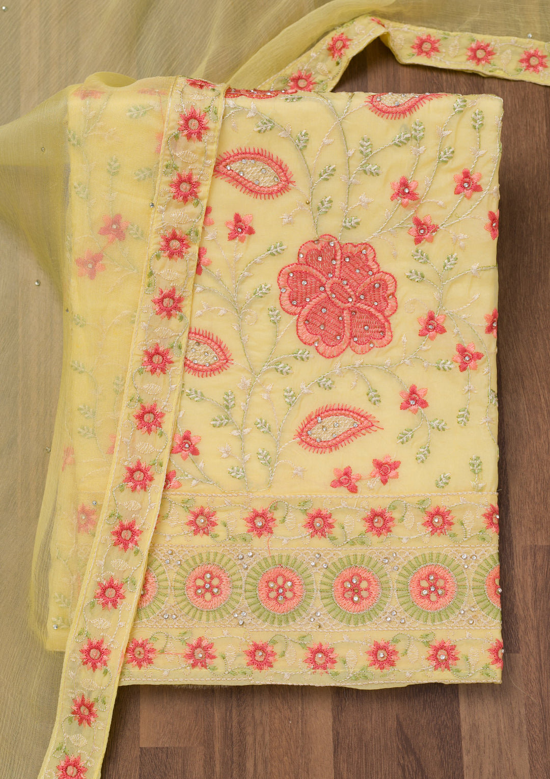 Yellow Threadwork Georgette Unstitched Salwar Suit